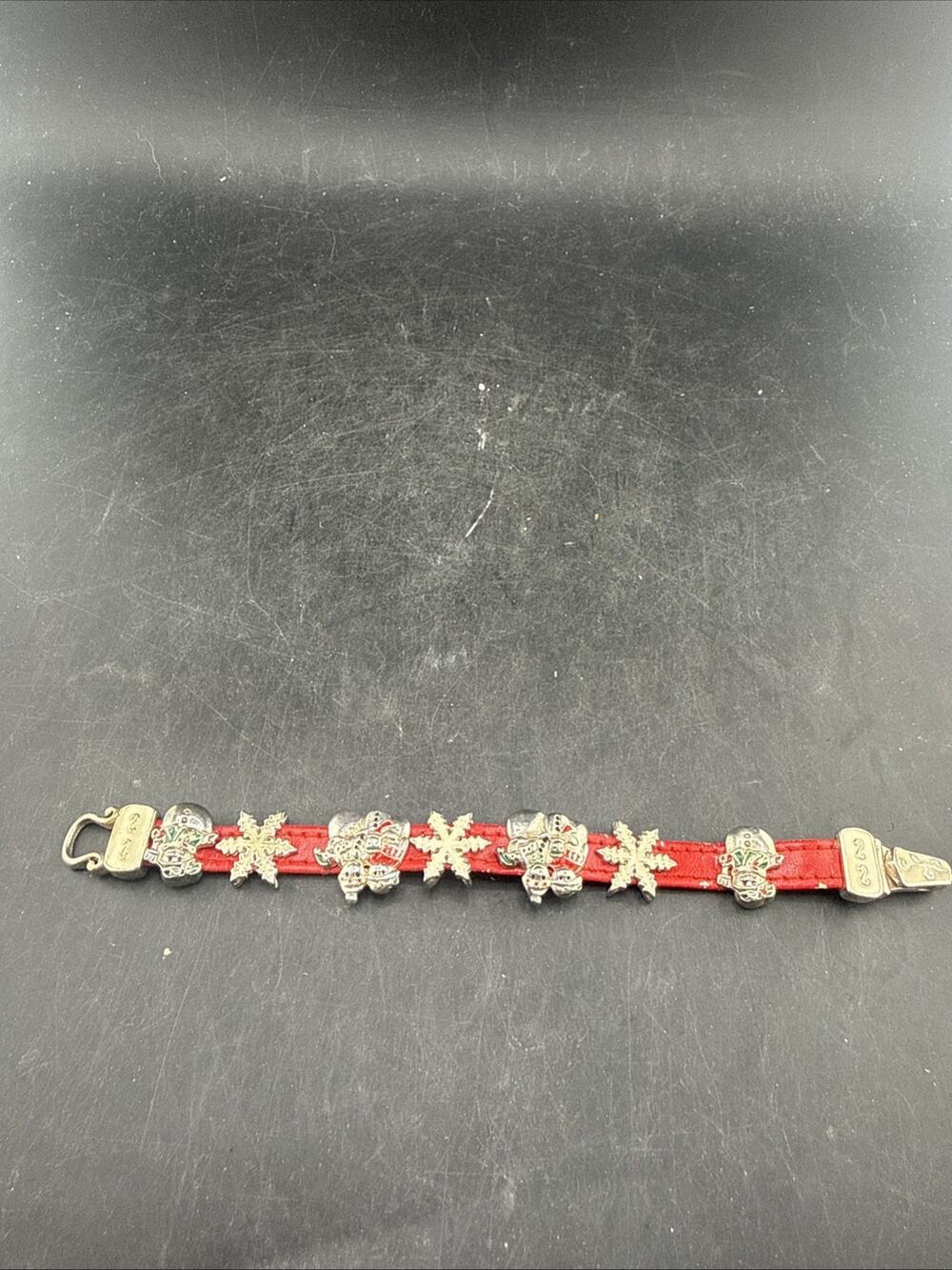 Vintage 80s 90s Christmas Slide Charm Bracelet Red Faux Leather Silver Tone